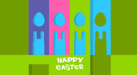Cartoon Rabbits Eggs Shape Happy Easter Holiday Colorful Greeting Card Banner Flat Vector Illustrationのイラスト素材