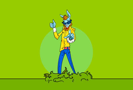 Bearded Rabbit Point Finger At You Hipster Animal Thumb Up Flat Vector Illustrationのイラスト素材