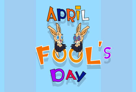 Fool Day Crazy Rabbit Couple April Holiday Greeting Card Banner Flat Vector Illustrationのイラスト素材