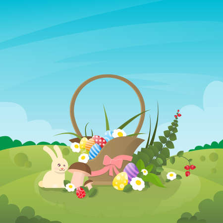 Basket With Eggs Flowers Easter Holiday Present Rabbit Nature Spring Background Vector Illustrationのイラスト素材
