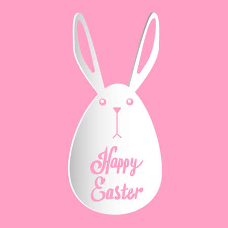 Rabbit Bunny Happy Easter Holiday Banner Pink Greeting Card Flat Vector Illustrationのイラスト素材