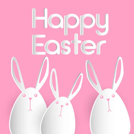 Rabbit Group Bunny Happy Easter Holiday Banner Pink Greeting Card Flat Vector Illustrationのイラスト素材