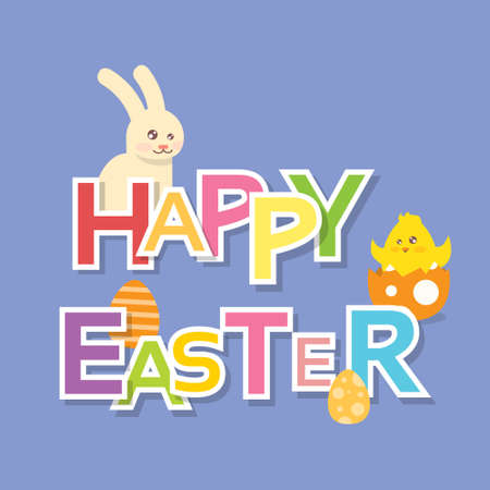 Rabbit Bunny Painted Eggs New Born Chicken Happy Easter Holiday Banner Colorful Greeting Card Flat Vector Illustrationのイラスト素材
