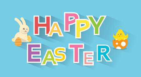 Rabbit Bunny Painted Eggs New Born Chicken Happy Easter Holiday Banner Colorful Greeting Card Flat Vector Illustrationのイラスト素材