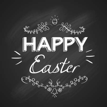 Happy Easter Holiday White Text Hand Write Chalk Sketch Black Board Greeting Card Banner Vector Illustrationのイラスト素材