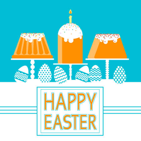 Easter Cake With Candle Decorated Eggs Set Traditional Food Happy Holiday Greeting Card Flat Vector Illustrationのイラスト素材