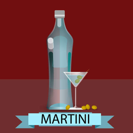 Martini Bottle Glass Olive Alcohol Drink Icon Flat Vector Illustrationのイラスト素材