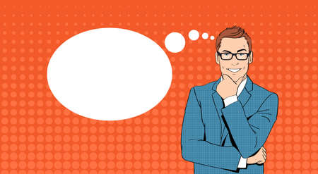 Business Man Hold Chin Businessman Think, Ponder New Idea Chat Bubble Pop Art Colorful Retro Style...