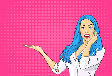 Pretty Woman Cell Smart Phone Call Surprised Girl Open Palm Gesture To Copy Space, Pop Art Colorful Retro Style Vector Illustrationのイラスト素材