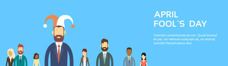 Business People Group Wear Jester Hat, Fool Day April Holiday Banner Copy Space Vector Illustrationのイラスト素材