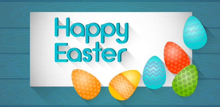 Happy Easter Banner Painted Eggs Holiday Greeting Card Flat Vector Illustrationのイラスト素材