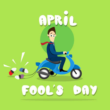 Business Man Ride Electric Scooter With Cans, First April Fool Day Happy Holiday Greeting Card Flat Vector Illustrationのイラスト素材