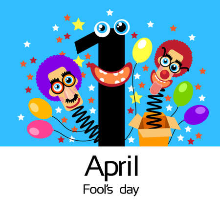 Fool Day Comic Crazy Clown Head In Surprise Box April Holiday Greeting Card Banner Flat Vector Illustrationのイラスト素材