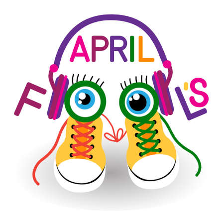 Trainers Shoes Sneakers In Headphones With Crazy Eyes Fool Day April Holiday Greeting Card Banner Vector Illustrationのイラスト素材