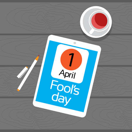 Calendar Tablet Computer Fool Day April Holiday Greeting Card Banner Texture Wooden Background Vector Illustrationのイラスト素材