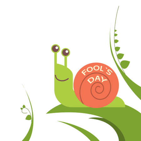 Snail Smile On Green Leaf Fool Day April Holiday Vector Illustrationのイラスト素材