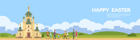 People Group Go To Church Chapel Building Happy Easter Holiday Copy Space Flat Vector Illustrationのイラスト素材