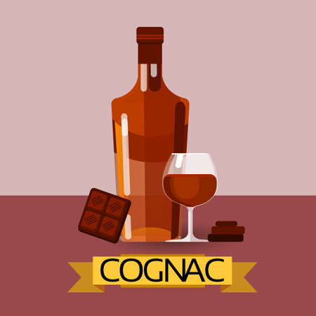 Cognac Bottle With Chocolate Alcohol Drink Icon Flat Vector Illustrationのイラスト素材