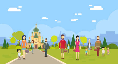 People Group Go To Church Chapel Building Copy Space Flat Vector Illustrationのイラスト素材