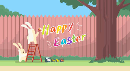Rabbit Group Standing On Step Ladder Hold Brush Paint Happy Easter On Wall Holiday Banner Greeting Card Vector Illustrationのイラスト素材