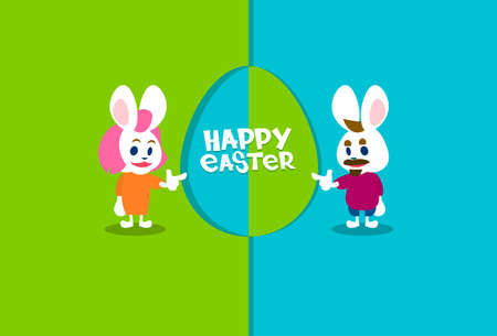 Rabbit Bunny Couple Colorful Eggs Happy Easter Holiday Banner Greeting Card Flat Vector Illustrationのイラスト素材