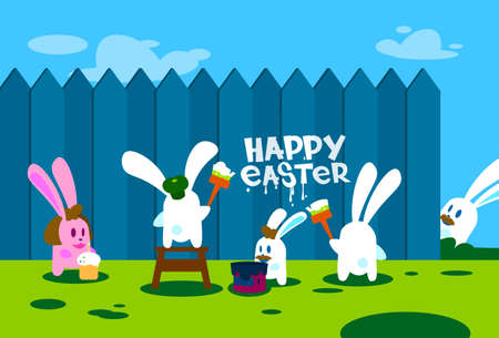 Rabbit Group Standing On Step Ladder Hold Brush Paint Happy Easter On Wall Holiday Banner Greeting Cardのイラスト素材