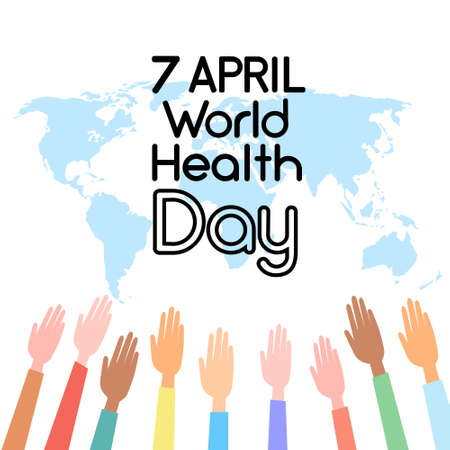 World Map Raised Up Hands Health Day Flat Vector Illustrationのイラスト素材