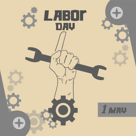 Hand Hold Spanner Wrench, Point Finger, International Labor Day May Holiday Flat Vector Illustrationのイラスト素材