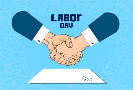 International Labor Day, Handshake Businessman Contract Sign Up Paper Document Flat Vector Illustrationのイラスト素材