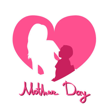 Mother Day, Silhouette Woman Sit Embracing Child, Family Love Greeting Card Heart Shape Background Flat Vector Illustrationのイラスト素材