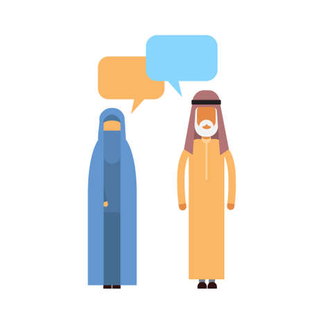 Arab Couple People Talking Chat Communication Social Network Muslim Man and Woman Traditional Clothes Arabic Characters Flat Vector Illustrationのイラスト素材