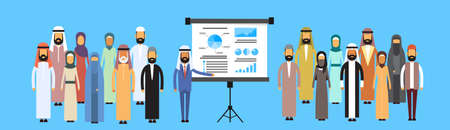 Muslim Business People Group Presentation Flip Chart Finance, Arabic Indian Businesspeople Team Training Conference Meeting Flat Vector Illustrationのイラスト素材