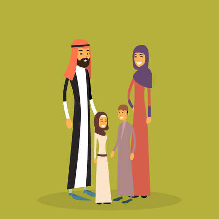 Arab Family Four People, Arabic Parents Two Children Flat Vector Illustrationのイラスト素材