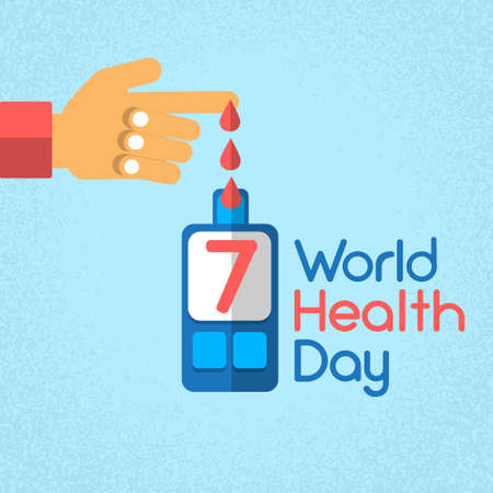Hand Finger Blood Drop From Glucose Level Glucometer Diabetes World Health Day 7 April Holiday Banner Flat Vector Illustrationのイラスト素材