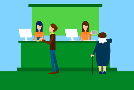 Bank Office Interior Client Senior Woman Banker Worker Workplace Flat Vector Illustrationのイラスト素材