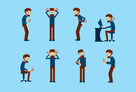 Office Worker Syndrome Sick Business Man Pain Set Collection Flat Vector Illustrationのイラスト素材