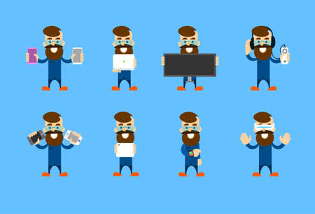 Bearded Business Man Hold Modern Smart Gudget Devices Set Collection Flat Vector Illustrationのイラスト素材