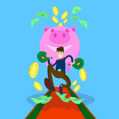 Rich Business Man Hold Money Dollar Sack Coin Piggy Bank Flat Vector Illustrationのイラスト素材