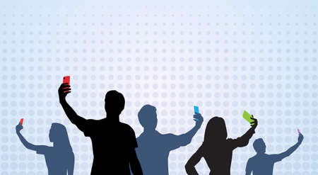 People Group Silhouette Taking Selfie Photo On Cell Smart Phone Vector Illustration