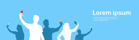 People Group Silhouette Taking Selfie Photo On Cell Smart Phone Banner Copy Space Vector Illustrationのイラスト素材
