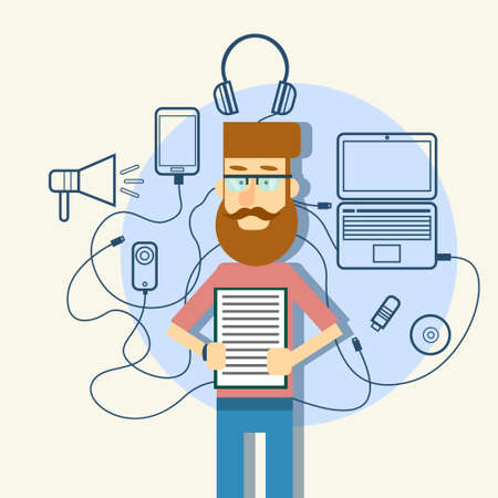 Casual Business Man Hold Paper Document Sketch Gadgets, Laptop Computer, Cell Smart Phone Megaphone Vector Illustrationのイラスト素材