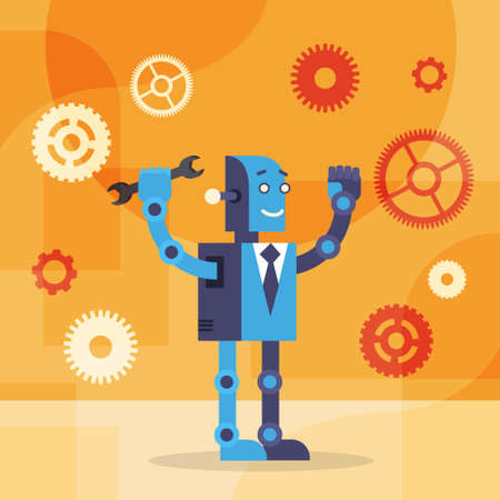 Modern Robot Wear Business Suit Hold Spanner Wrench Support Technology Hands Up Success Flat Vector Illustrationのイラスト素材