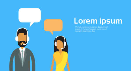 Call Center Operators Team, Indian Man Woman Customer Support Chat Bubble Copy Space Flat Vector Illustrationのイラスト素材