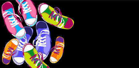 Colorful Sneakers Training Sport Shoes Set Collection Banner With Copy Space Flat Vector Illustrationのイラスト素材