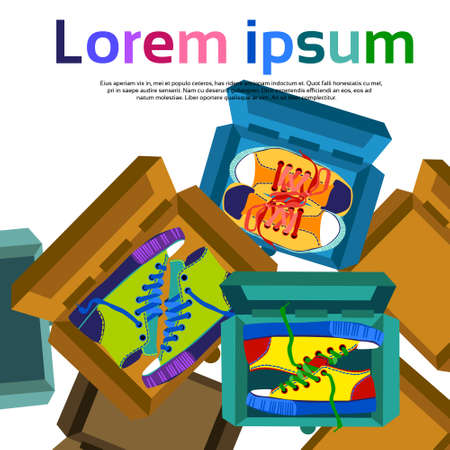 Colorful Sneakers In Box Training Sport Shoes Set Collection Banner With Copy Space Flat Vector Illustrationのイラスト素材