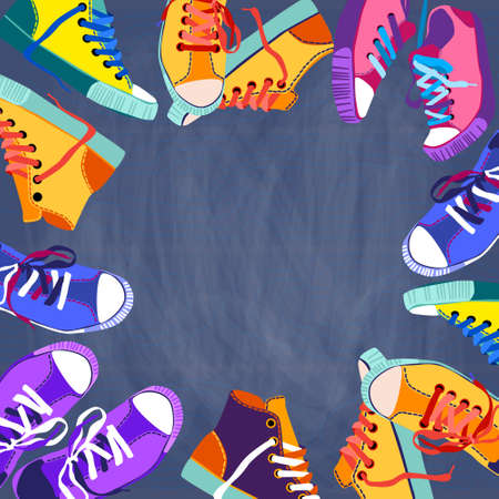 Colorful Sneakers Training Sport Shoes Set Collection Banner With Copy Space Flat Vector Illustrationのイラスト素材