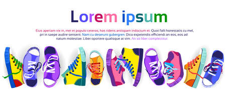 Colorful Sneakers Training Sport Shoes Set Collection Banner With Copy Space Flat Vector Illustrationのイラスト素材