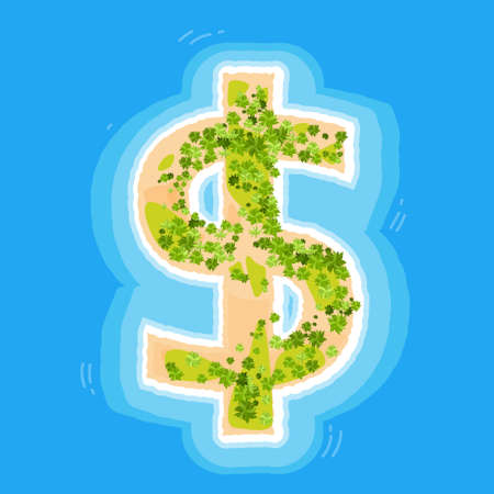 Dollar Sign Offshore Island Top View Beach Palm Tree Ocean Concept Vector Illustrationのイラスト素材