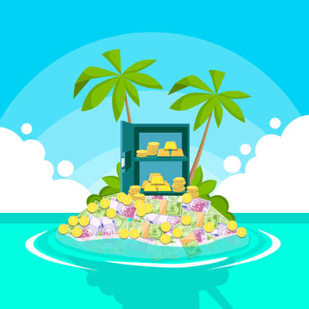 Safe Full of Money Tropical Island Palm Tree Offshore Banking Concept Flat Vector Illustrationのイラスト素材