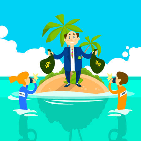 Business Man Hold Money Bag Offshore Island, Press Reporters Taking Photo Vector Illustrationのイラスト素材